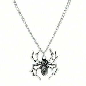 Fun Bold Silver Spider Metal Chain Necklace & 2 Stickers